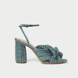 Loeffler Randall Camellia Ankle Strap Heeled Sandals Bow Green Gingham Size 11